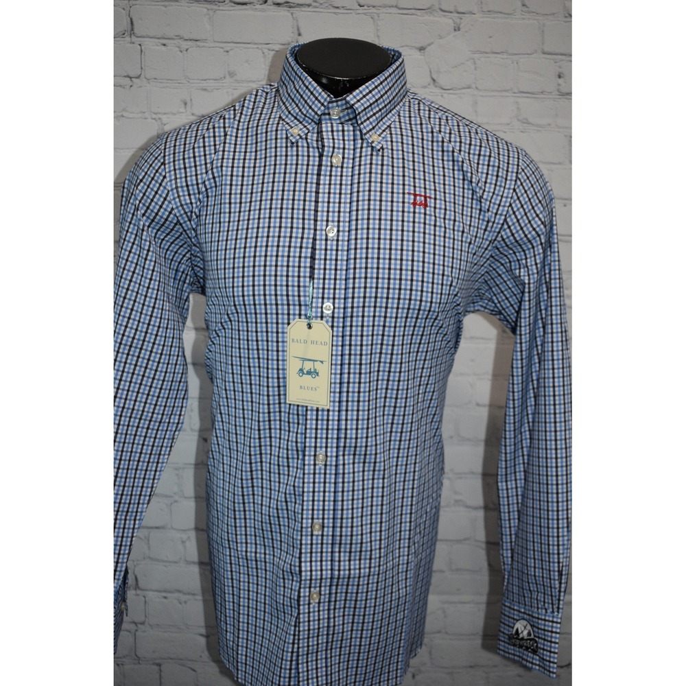 Bald Head Blues Button Down Shirt Mens Large Blue Gingham Check Performance NEW